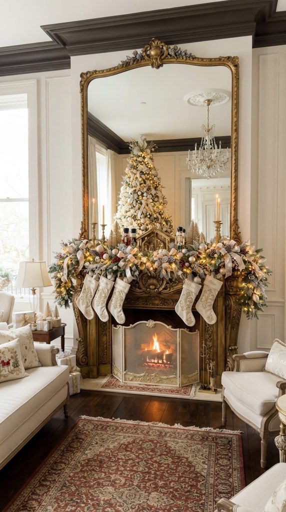Cream and gold Christmas mantel