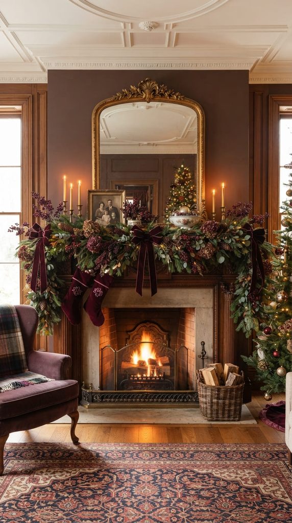Dark burgundy and plum velvet Christmas mantel