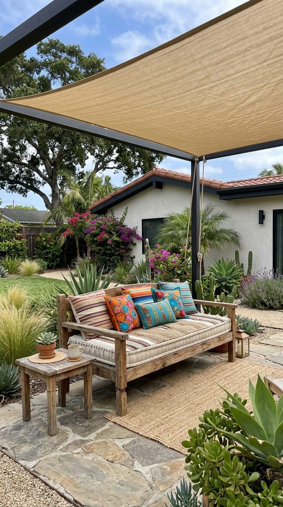 Daybed with cushions under a shade sail in a Mexican style backyard