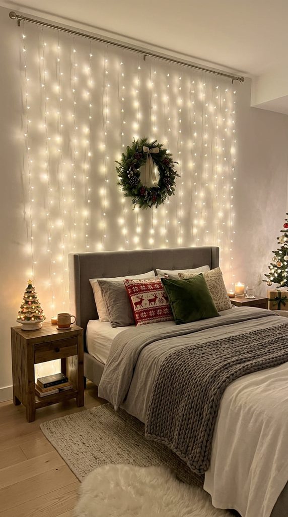 Fairy light curtain canopy hanging behind a bed for Christmas