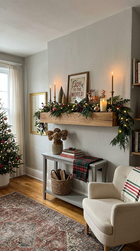 Floating wood shelf styled as a Christmas mantel with garland and candles