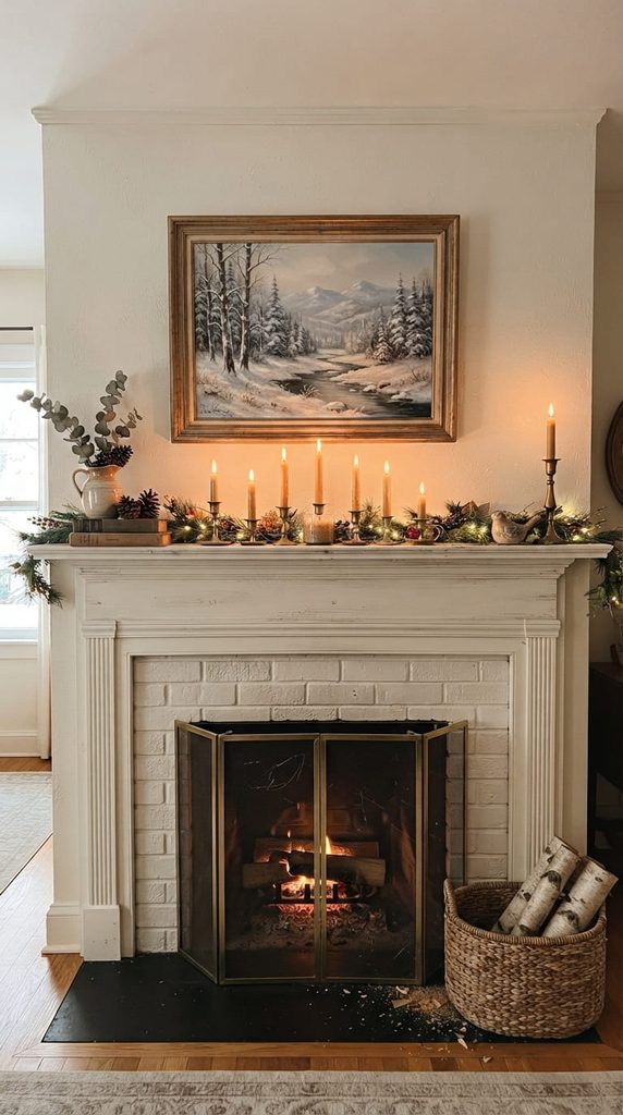 Framed winter landscape painting above a mantel