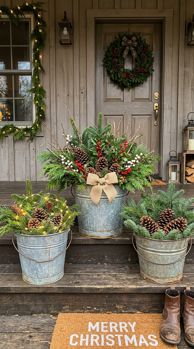 Galvanized buckets front porch Christmas decor