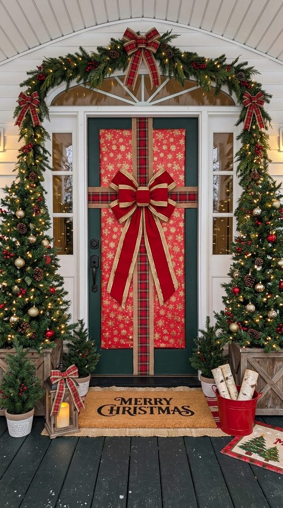 Gift-wrapped door front porch Christmas decor