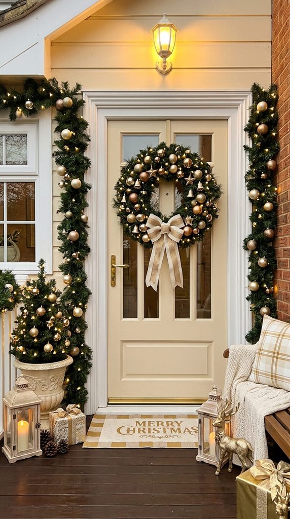 Gold and cream front porch Christmas decor