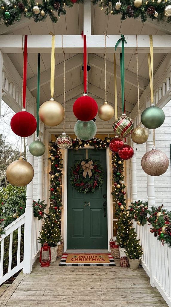 Hanging ornaments front porch Christmas decor