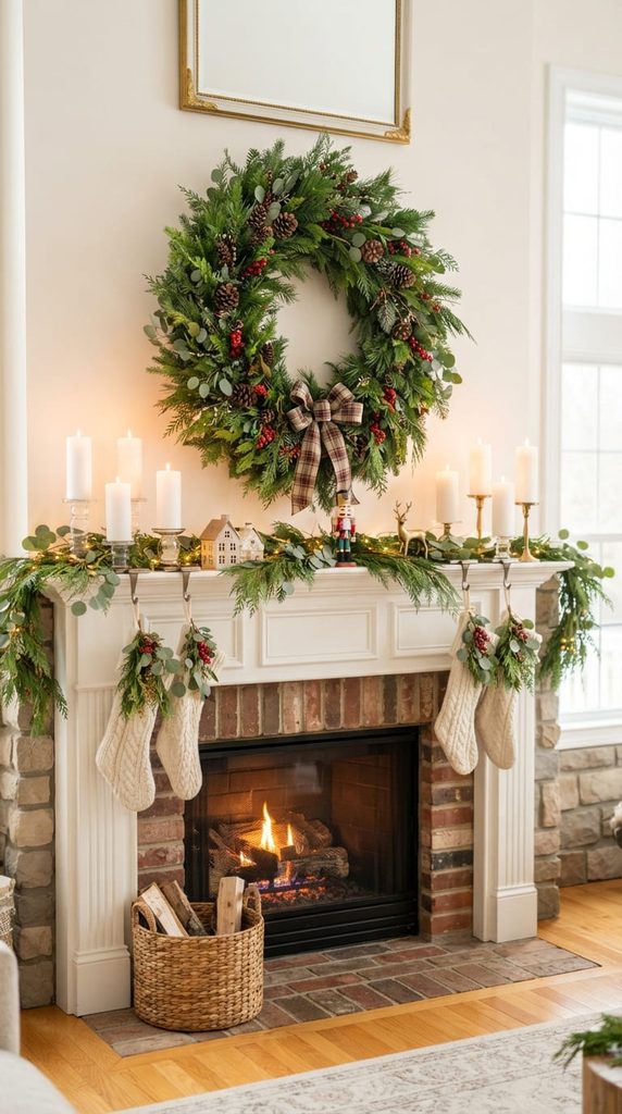 Large green wreath above a mantel with white pillar candles