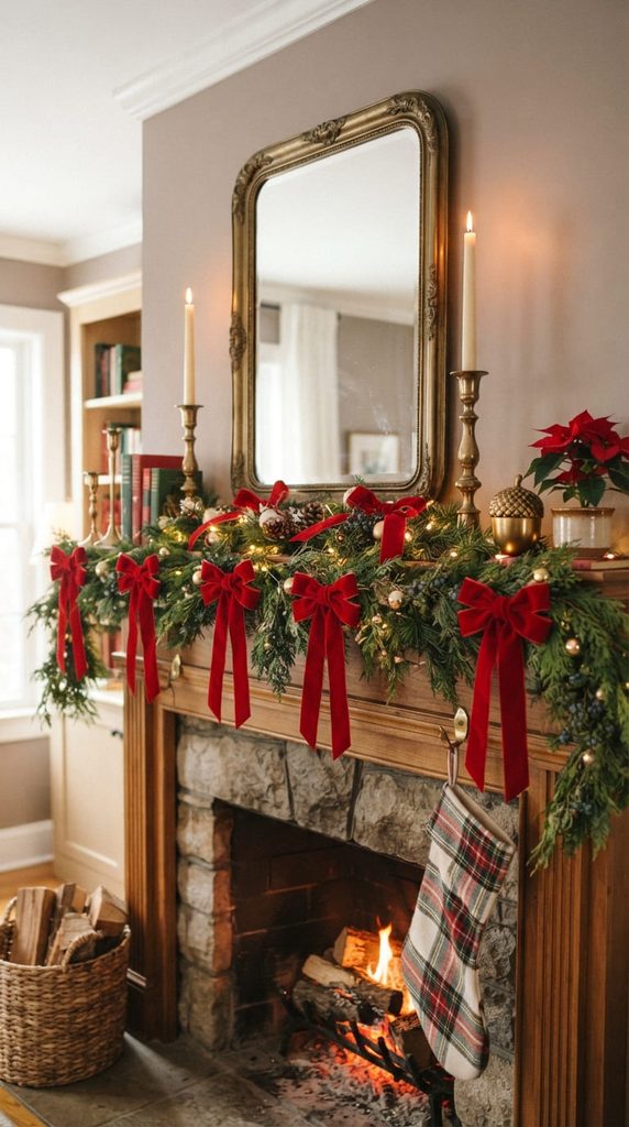 Mantel styled with red velvet bows and tall brass candlesticks