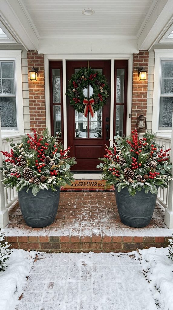 Matching Christmas Planters with Faux Greenery