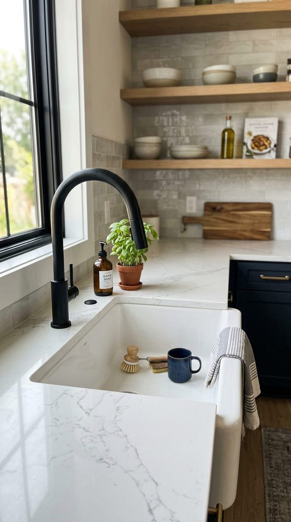 Matte black pull-down kitchen faucet over a white farmhouse sink