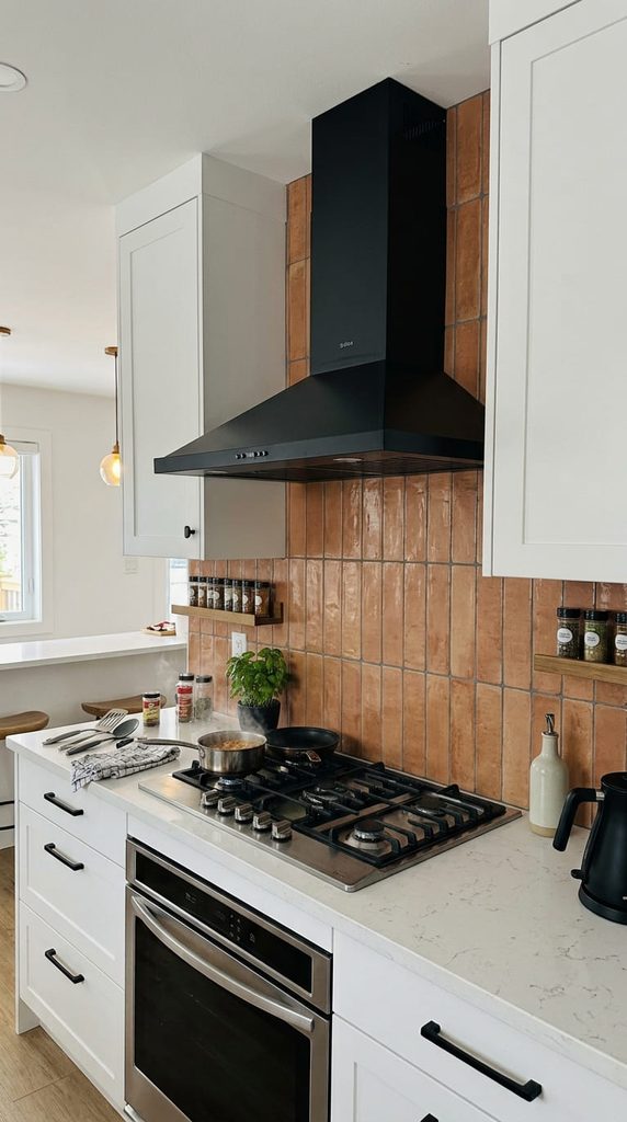 Matte black range hood above a stove in a white kitchen