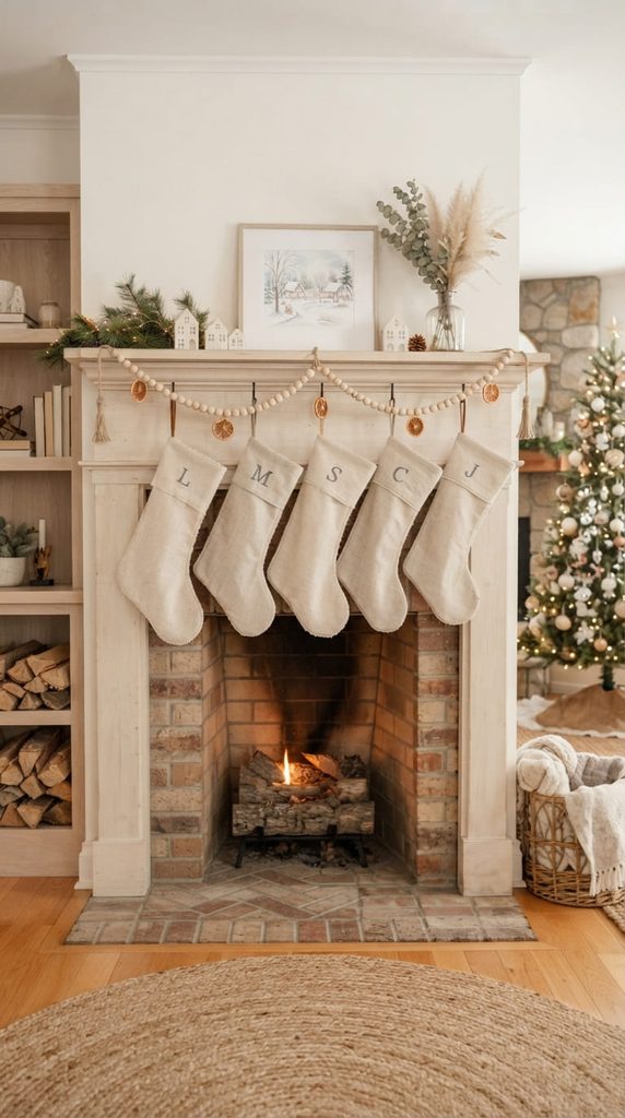 Natural linen stockings with a wood bead garland on a light mantel