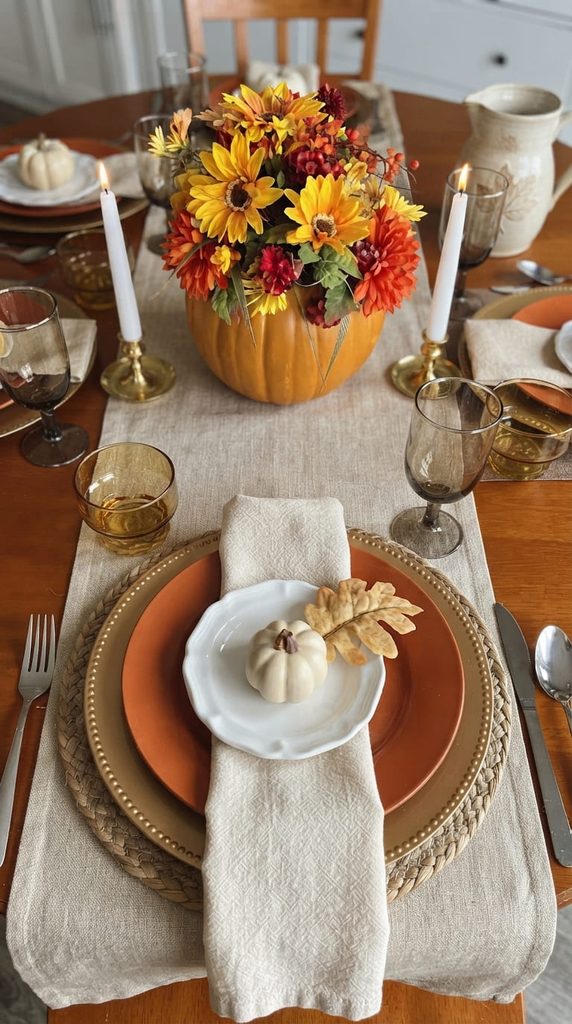 Neutral Thanksgiving table with burnt orange napkins, cream plates, and a low centerpiece