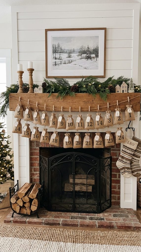 Numbered advent calendar bags hanging from twine along a mantel