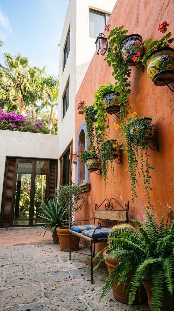 Painted wall planters on a small Mexican style patio