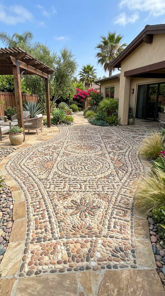 Pebble mosaic patio floor in a Mexican style backyard