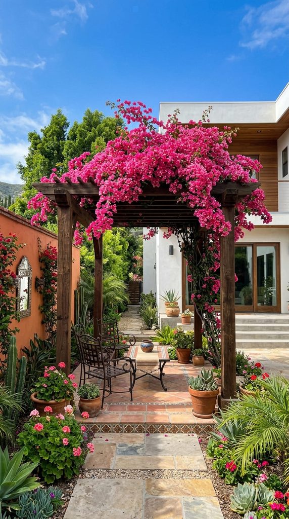 Pink bougainvillea growing over a pergola in a Mexican style backyard
