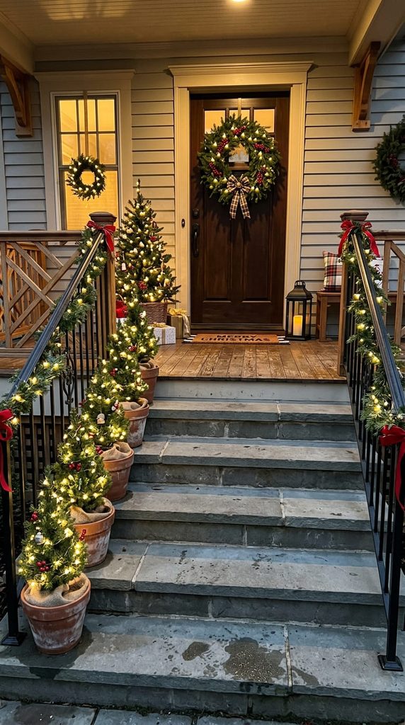 Potted Mini Christmas Trees on the Steps