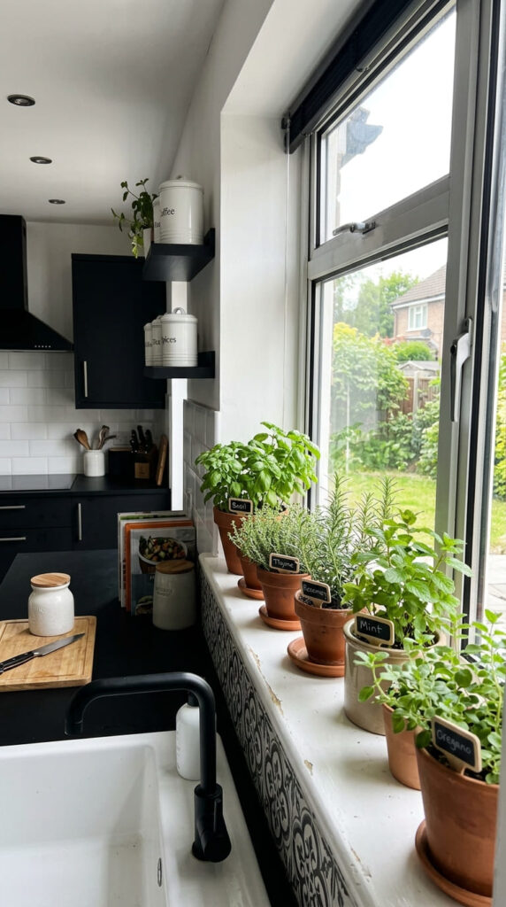 Potted herbs on a white kitchen windowsill in a black and white kitchen