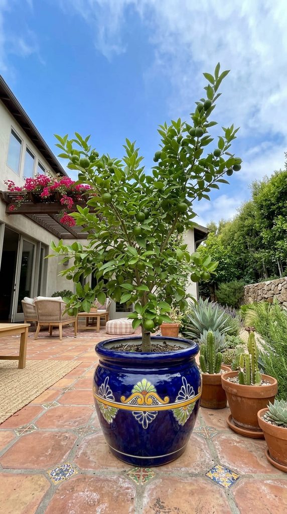 Potted lime tree in a glazed blue pot on a Mexican style patio