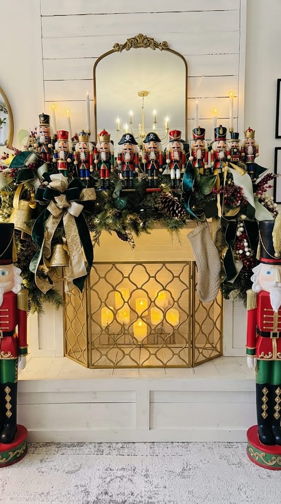 Row of colorful nutcrackers standing along a wooden mantel