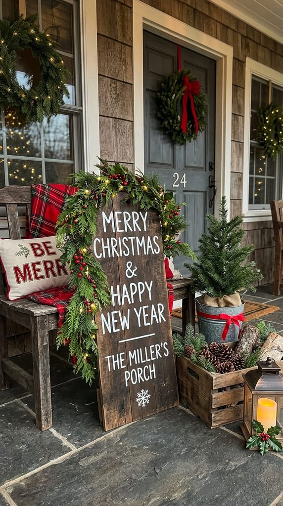 Rustic wood sign front porch Christmas decor