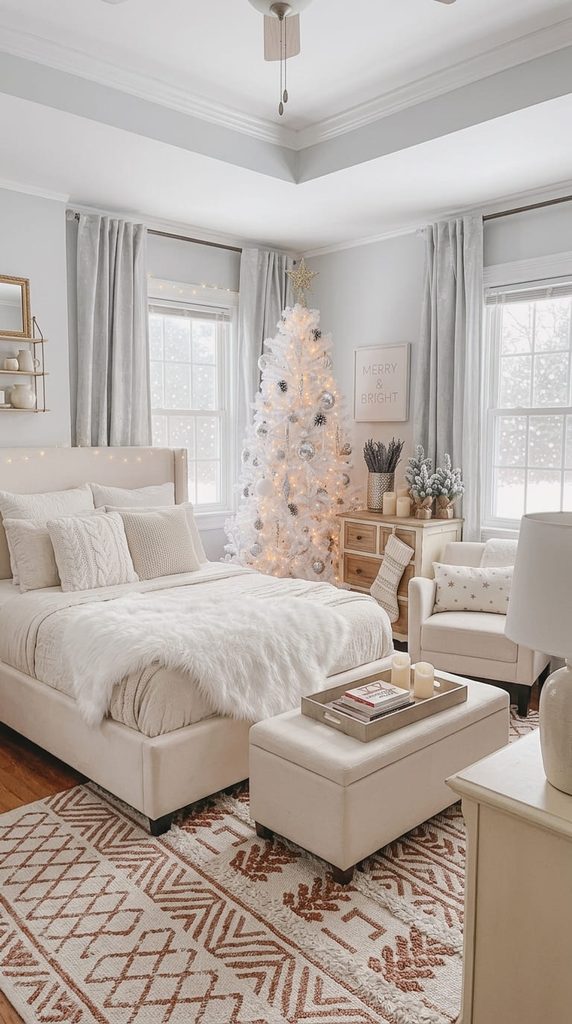 Snowy white and cream Christmas bedroom