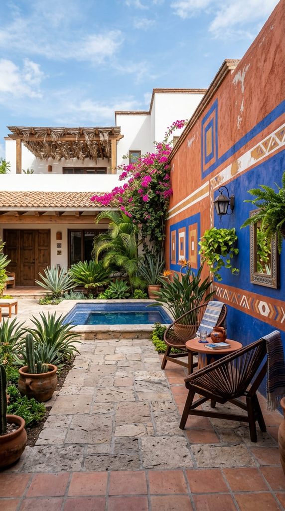 Terracotta and cobalt blue painted wall in a Mexican backyard