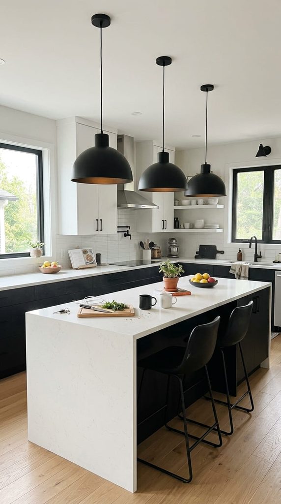 Three black dome pendant lights hanging over a white kitchen island