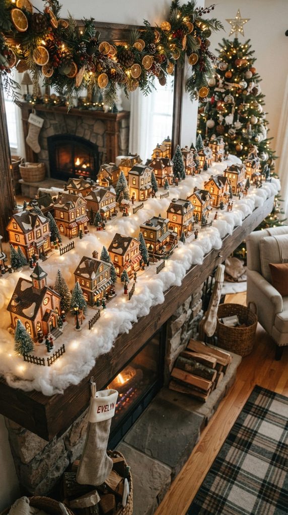 Tiny vintage Christmas village houses lined up on a mantel