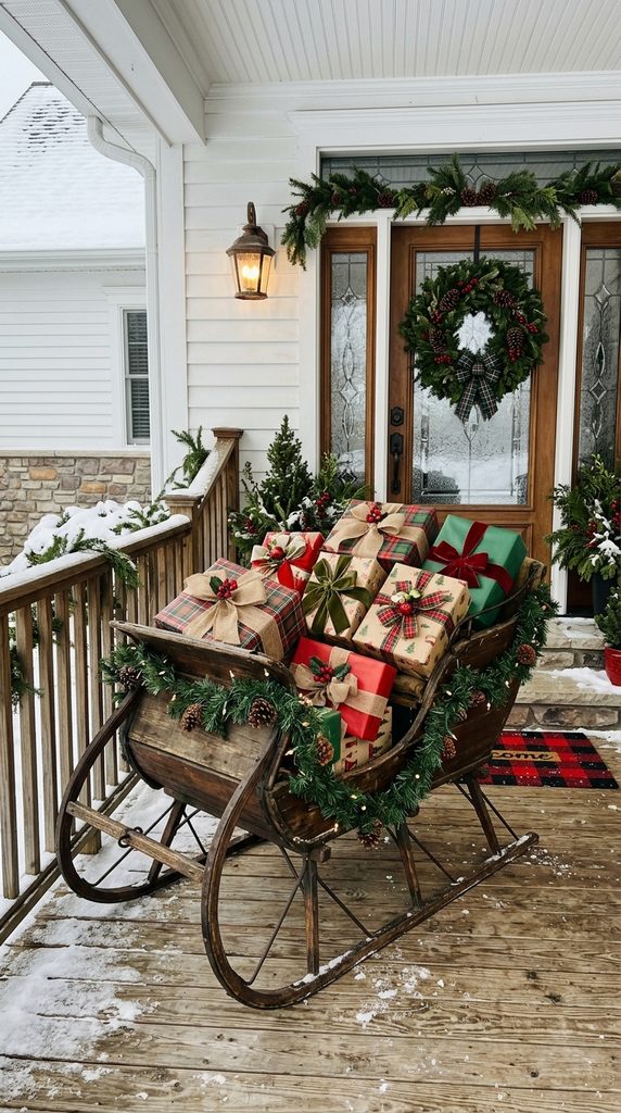 Vintage sleigh front porch Christmas decor