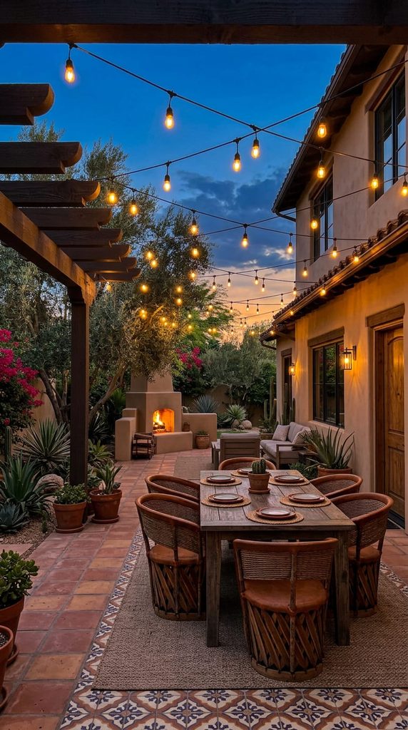 Warm string lights zigzagging over a Mexican style backyard patio