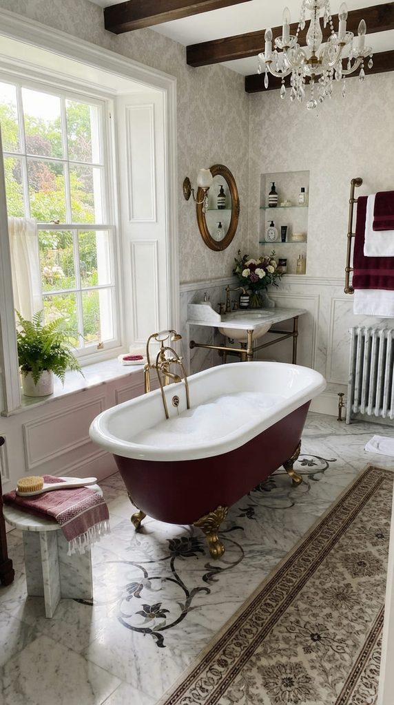 White Clawfoot Tub With A Burgundy Exterior