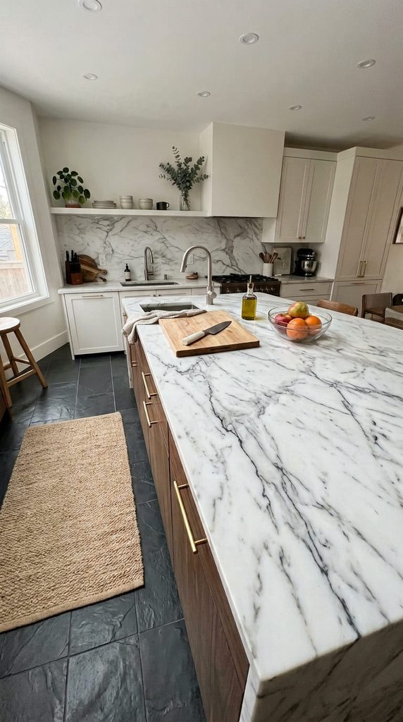 White marble kitchen countertop with soft gray and black veining