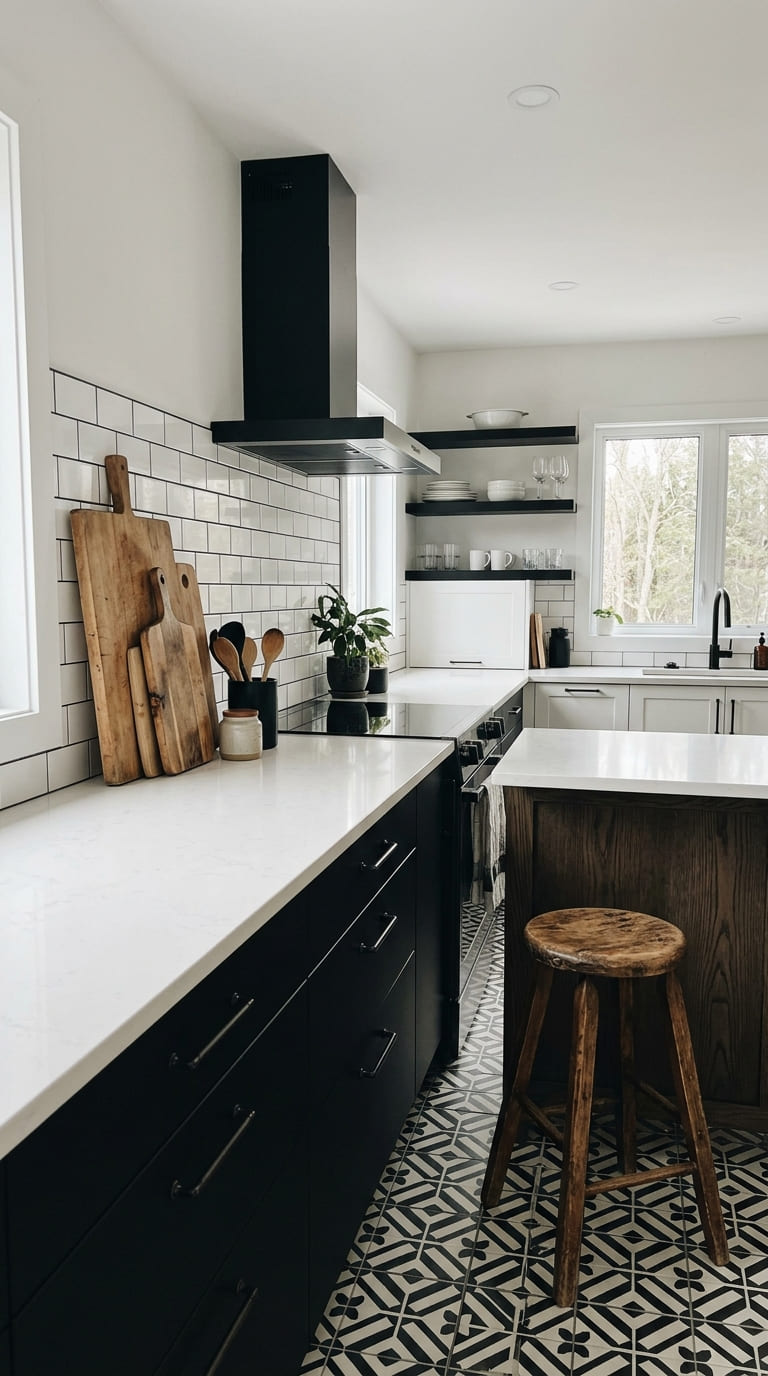 Wood cutting boards and a wooden stool in a black and white kitchen