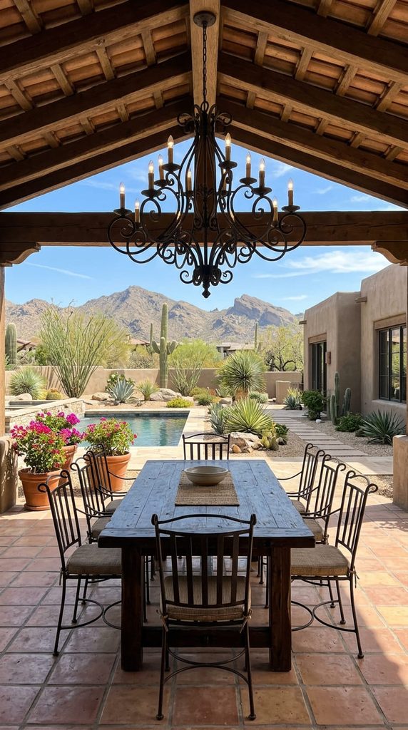 Wrought iron chandelier over a covered Mexican style patio