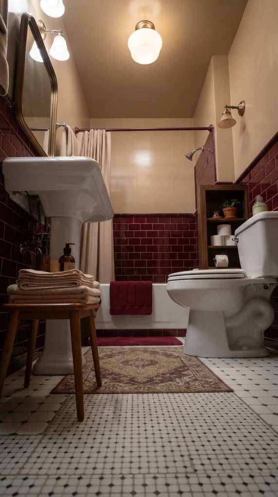  beige and burgundy bathroom with burgundy rug and towels