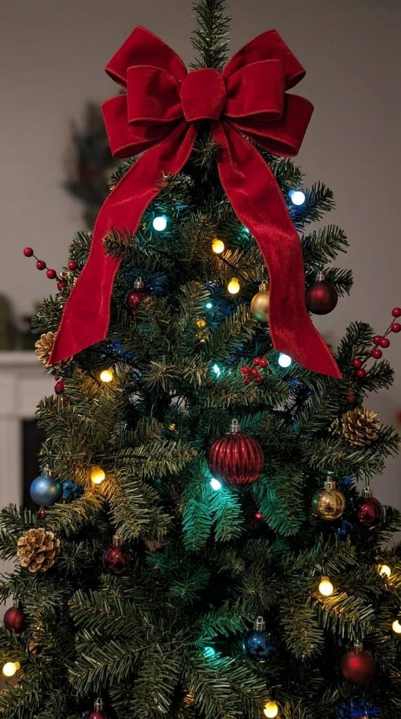 big red velvet ribbon bow tree topper DIY Christmas decor