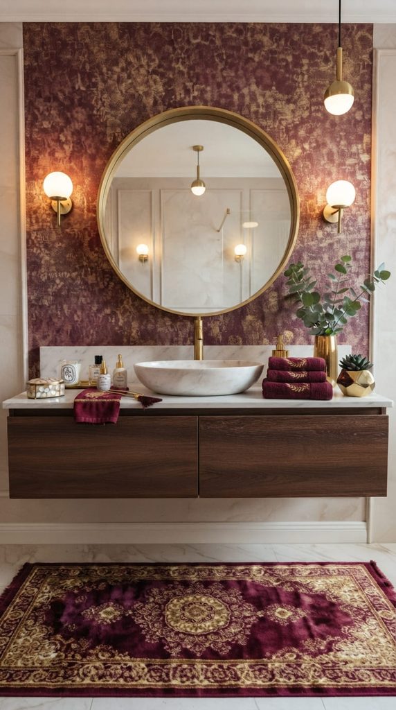 burgundy and gold bathroom with brushed gold faucet and frame
