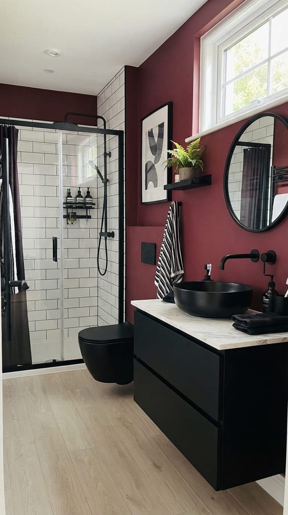 burgundy-bathroom-black-fixtures