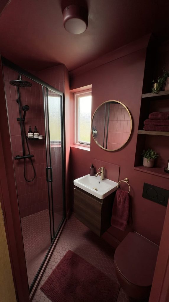 small burgundy bathroom