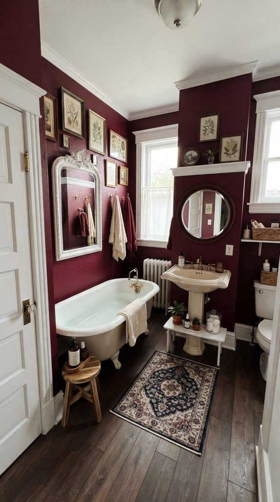  burgundy bathroom with deep wine painted walls and white trim