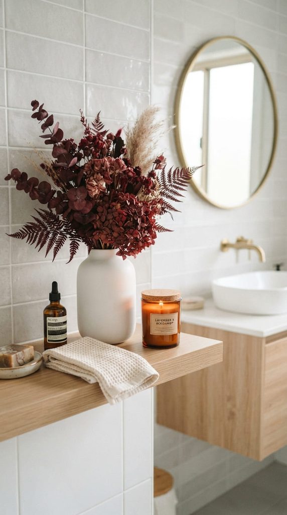 burgundy-bathroom-dried-flowers-candles