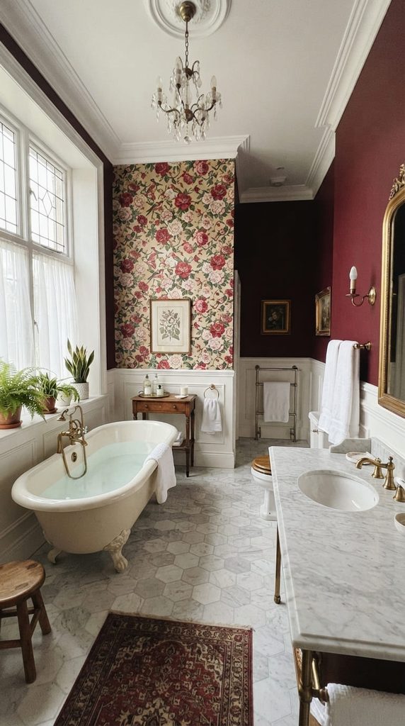 burgundy-bathroom-floral-wallpaper