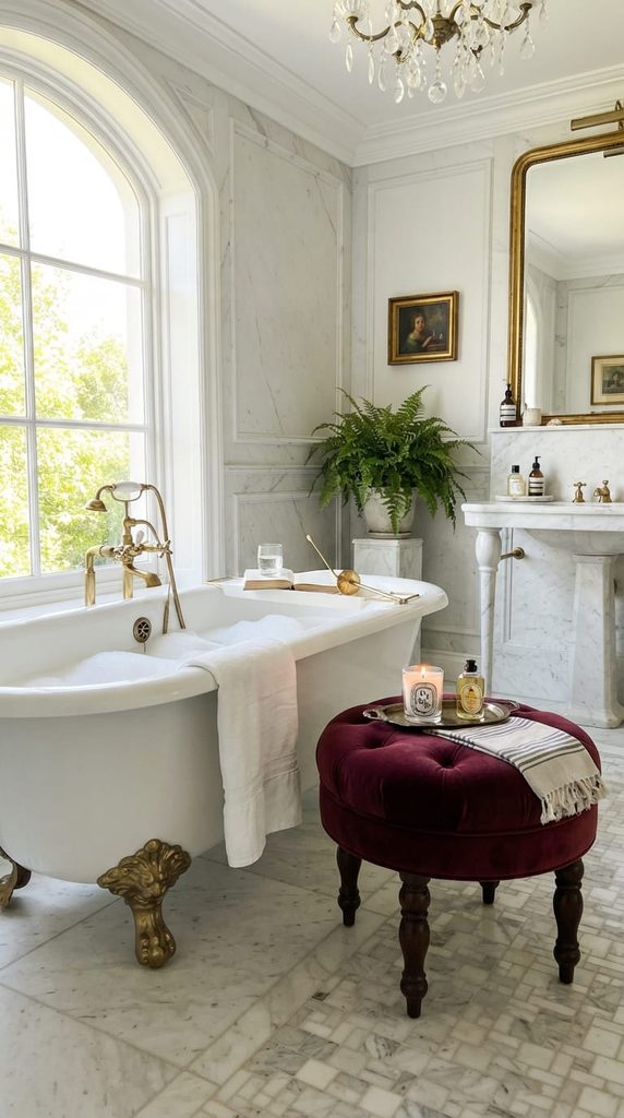 burgundy-bathroom-velvet-stool