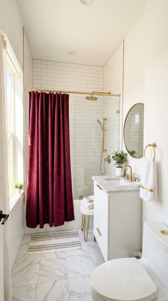 burgundy shower curtain in a white bathroom with gold accents