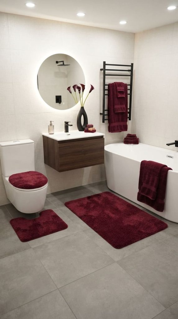burgundy towels and matching bath mat in a bathroom