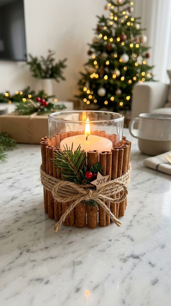 glass candle holder wrapped in cinnamon sticks with twine for Christmas