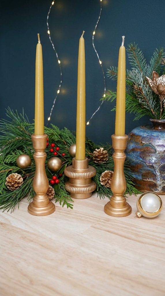 gold spray painted dollar store candlesticks for Christmas table