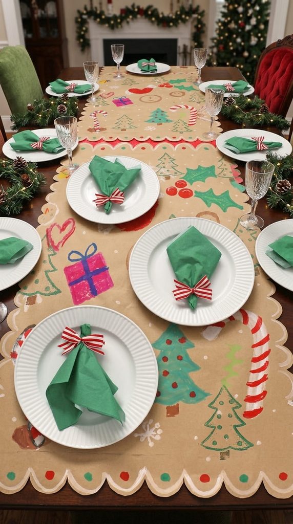 kraft paper Christmas table runner with hand stamped trees
